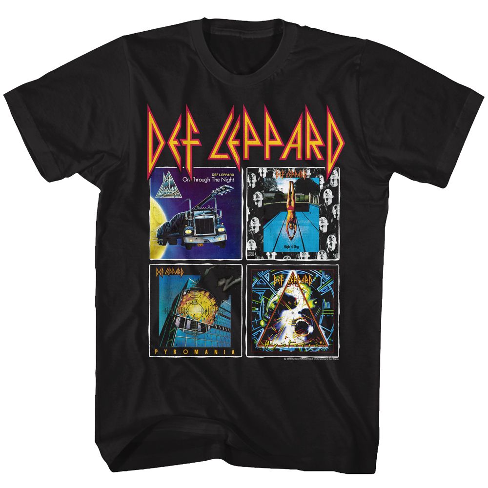 Black Def Leppard t-shirt featuring Def Leppard 80s Albums collage design