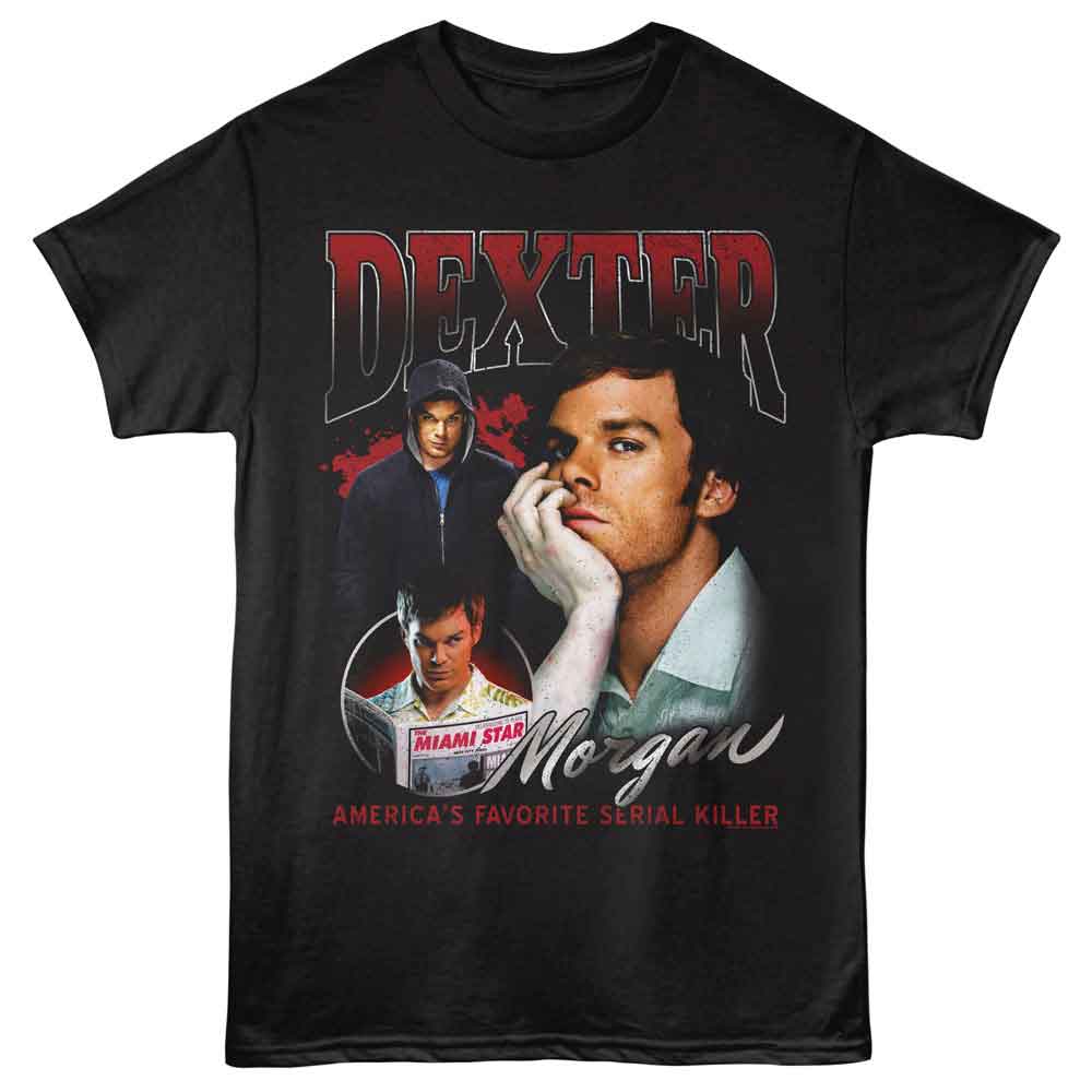 Black Dexter t-shirt featuring Dexter Morgan Collage design