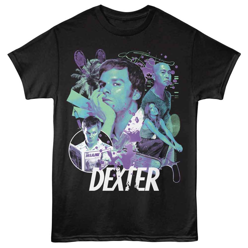 Black Dexter t-shirt featuring Dexter Neon Collage design