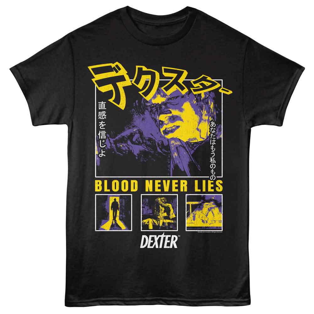Black Dexter t-shirt featuring Dexter Blood Never Lies design