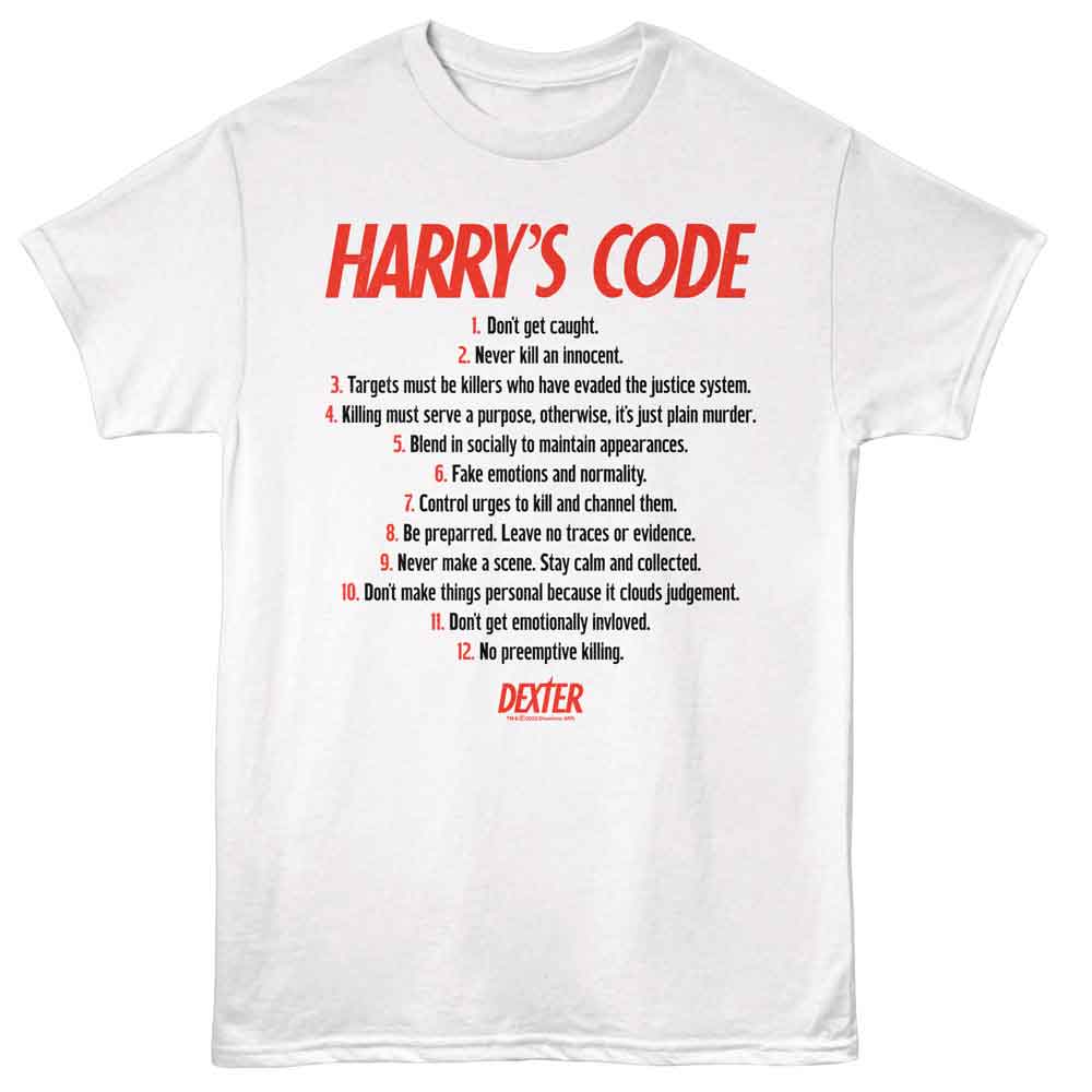 White Dexter t-shirt featuring Dexter Harrys Code design