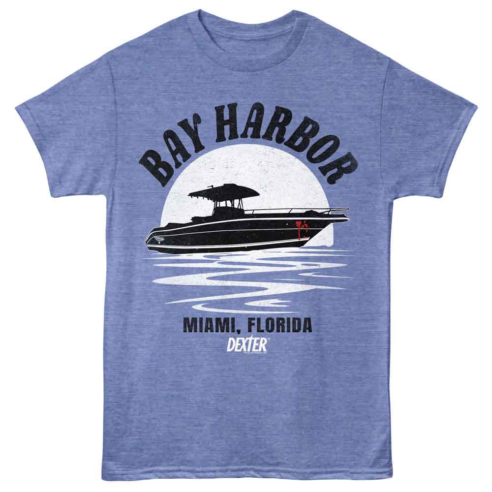 Light blue heather Dexter t-shirt featuring Dexter Sol Day Miami design