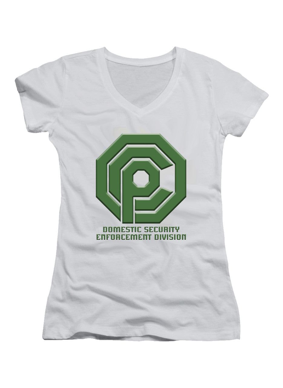 White Domestic Security Enforcement Division Juniors V-Neck T-Shirt