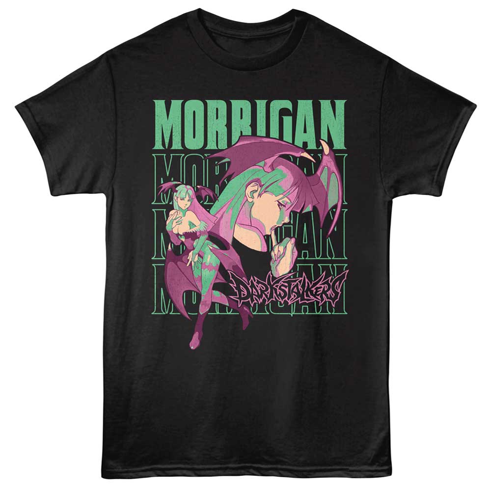 Black Darkstalkers t-shirt featuring Darkstalkers Morrigan Stacked design