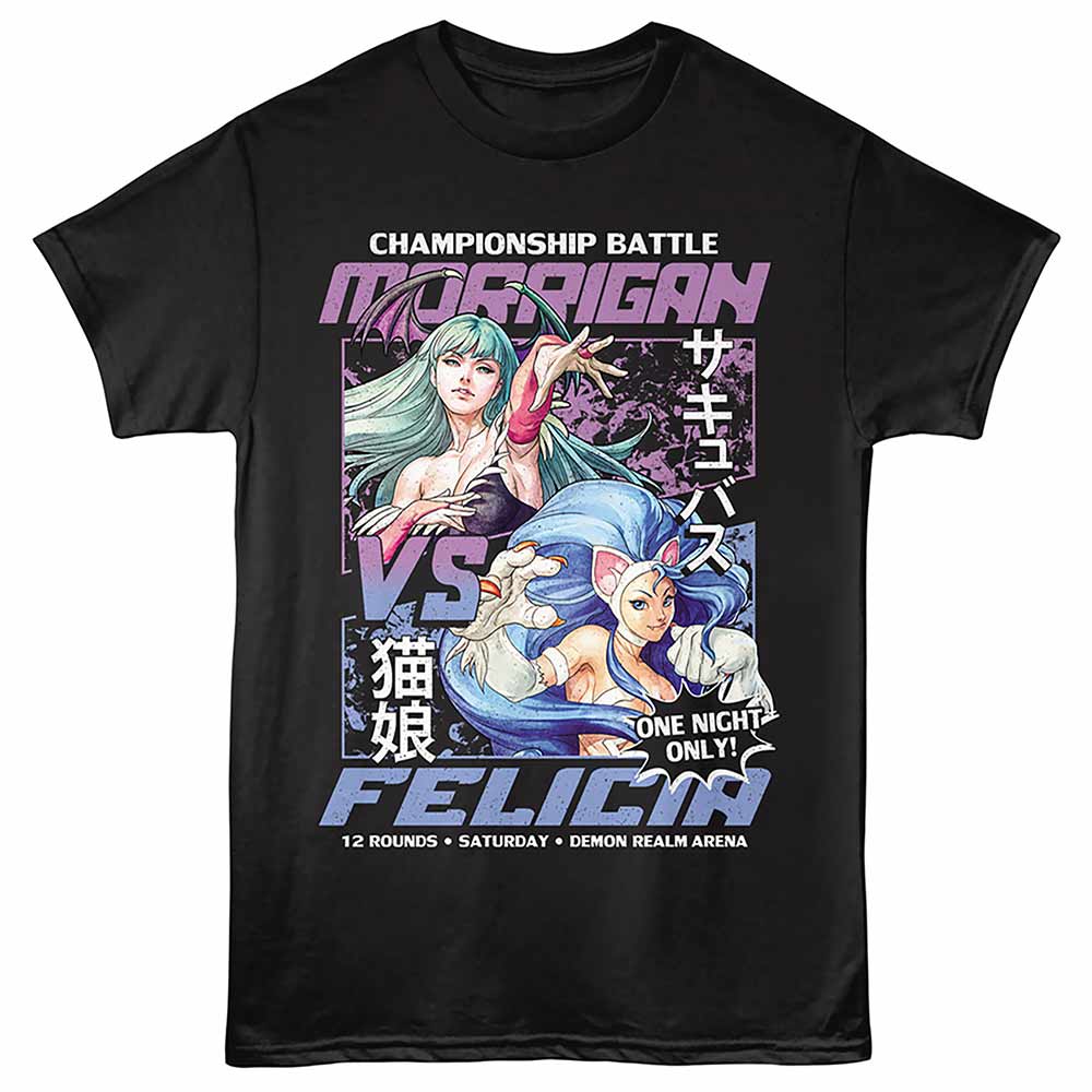 Black Darkstalkers t-shirt featuring a Morrigan vs Felicia design