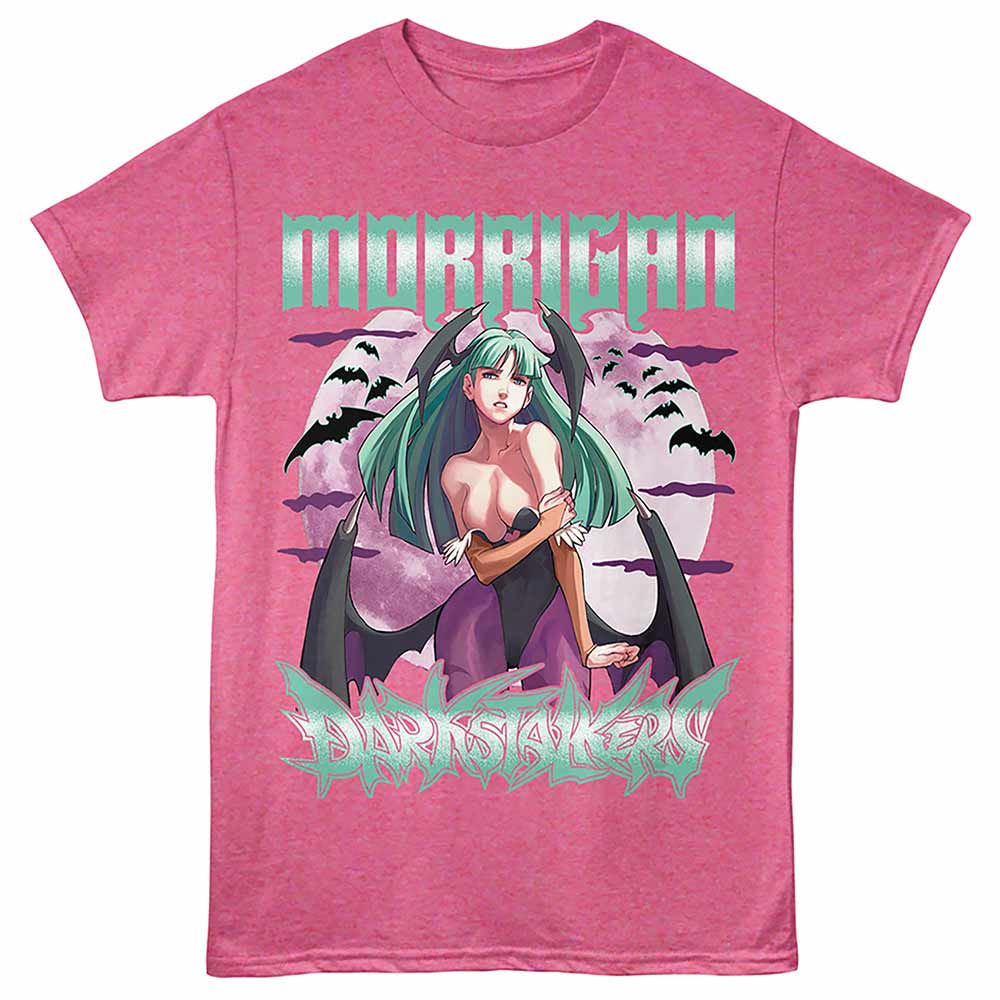 Retro pink heather Darkstalkers t-shirt featuring a Morrigan design