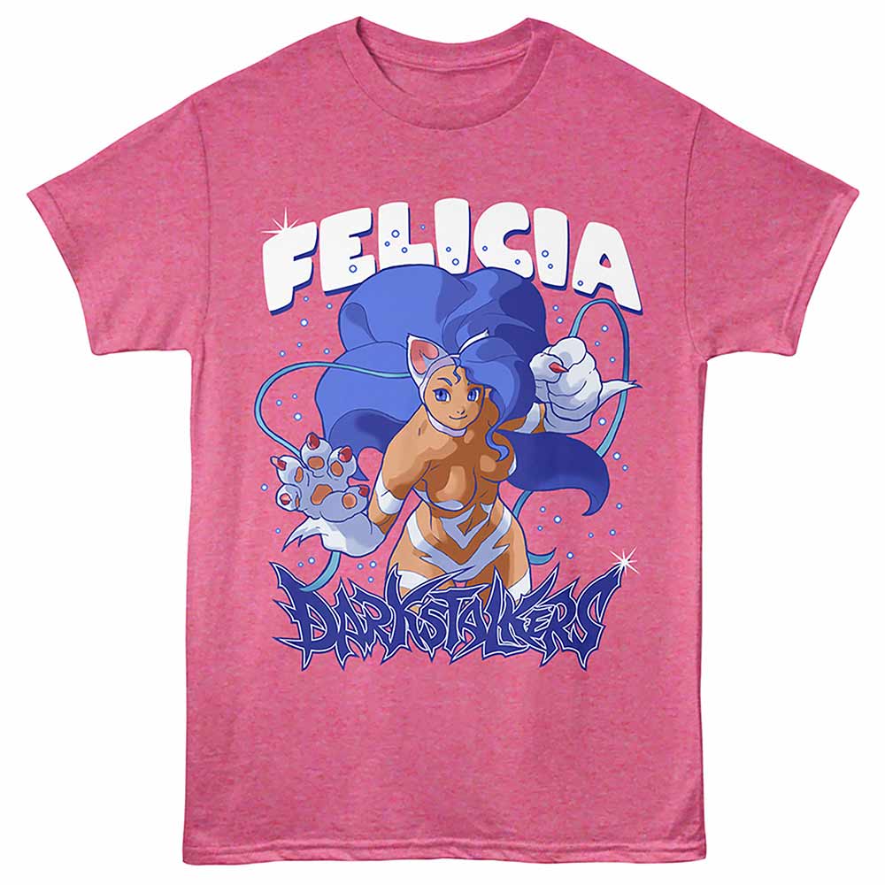 Retro pink heather Darkstalkers t-shirt featuring a Felicia Alt design