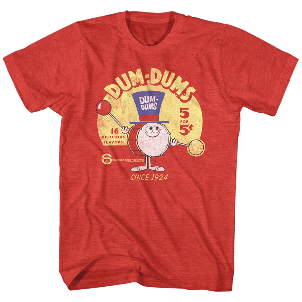 Red heather Dum Dums t-shirt featuring Dum Dums Drum Man Ad design