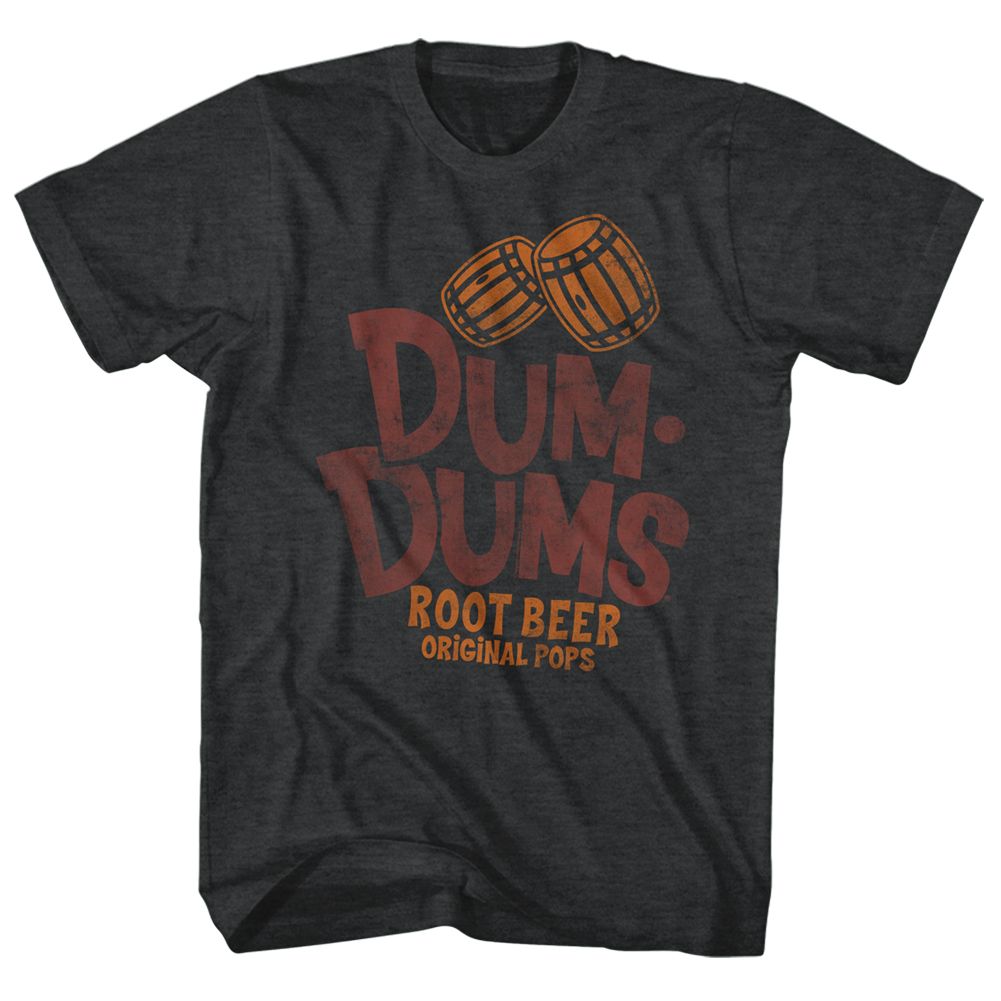 Black heather Dum Dums t-shirt featuring Dum Dums Root Beer flavor design