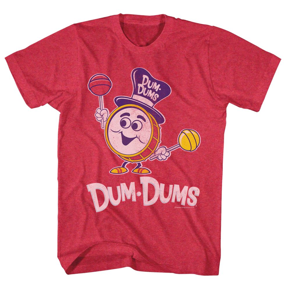 Red heather Dum Dums t-shirt featuring Dum Dums Drum Man design