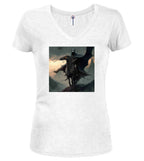 White Dark Rider Fantasy Juniors V-Neck T-Shirt