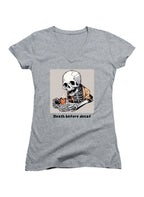 Gray Death Before Decaf Juniors V-Neck T-Shirt