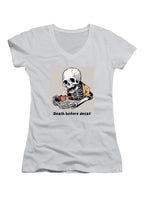 White Death Before Decaf Juniors V-Neck T-Shirt