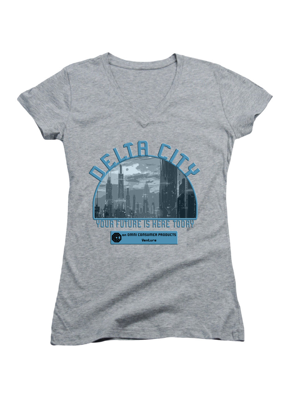 Gray Delta City Your Future is Here Today Juniors V-Neck T-Shirt