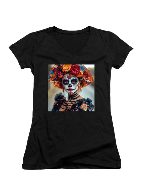 Black Dia De Los Muertos Juniors V-Neck T-Shirt
