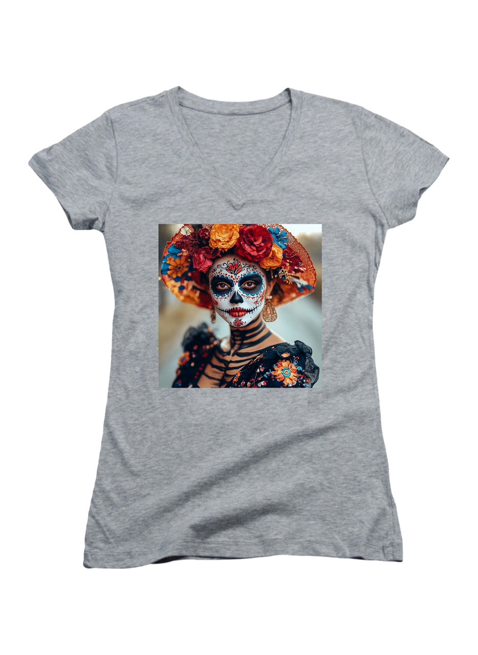 Gray Dia De Los Muertos Juniors V-Neck T-Shirt