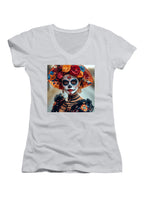 White Dia De Los Muertos Juniors V-Neck T-Shirt