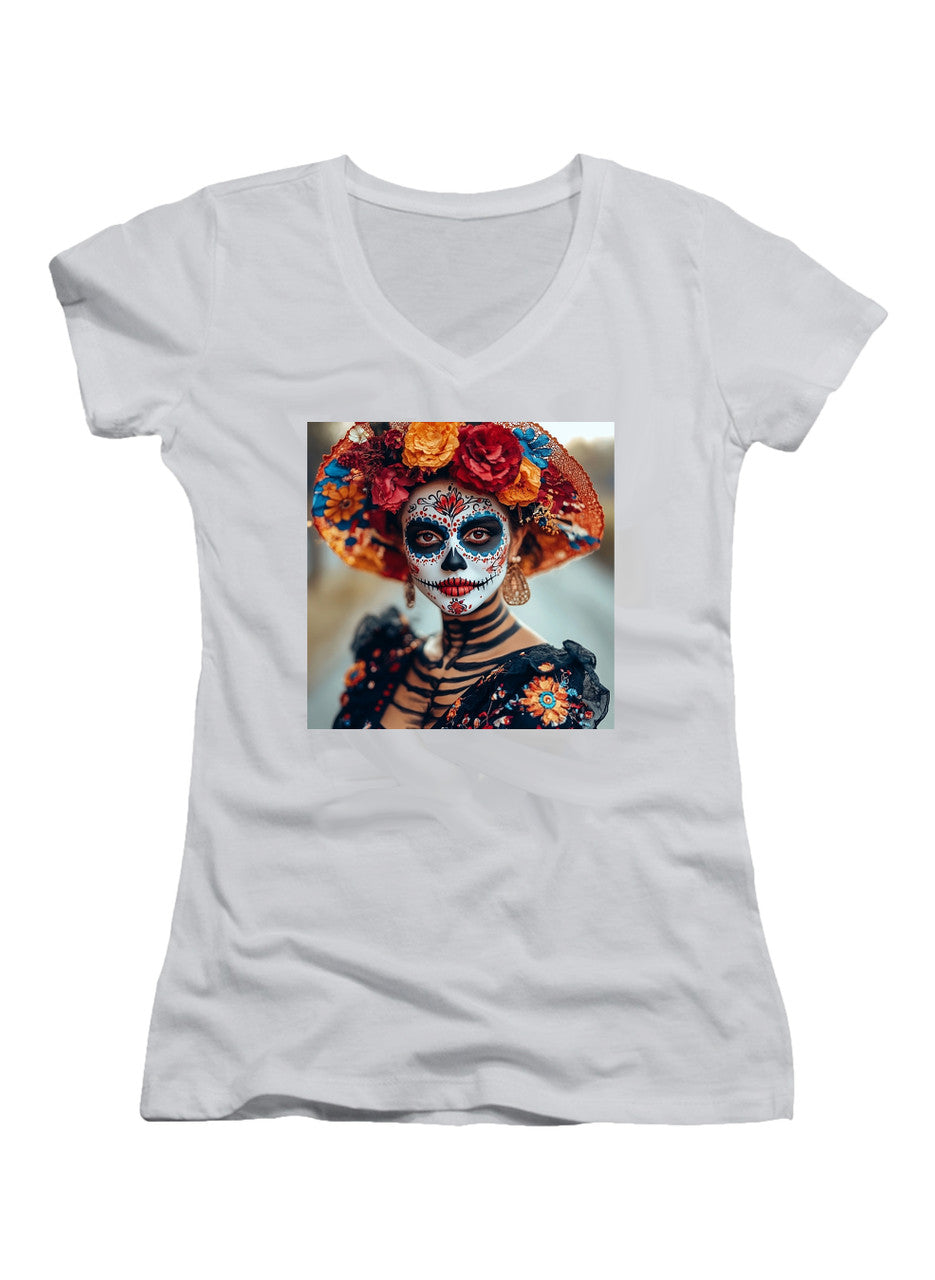 White Dia De Los Muertos Juniors V-Neck T-Shirt