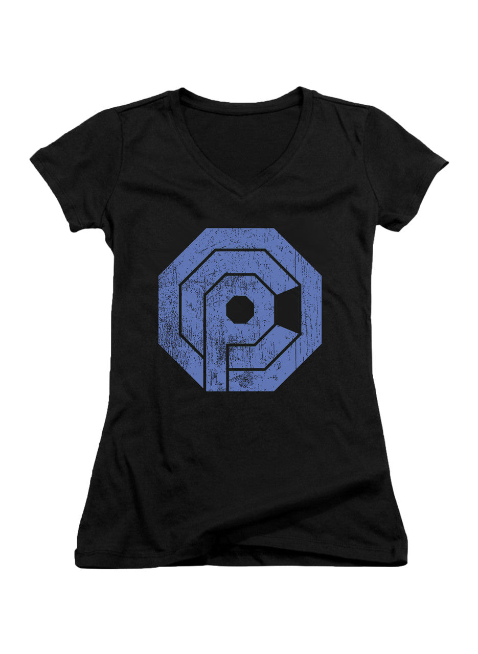 Black Distressed Logo Juniors V-Neck T-Shirt