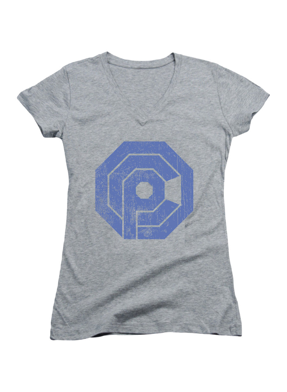 Gray Distressed Logo Juniors V-Neck T-Shirt