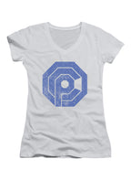 White Distressed Logo Juniors V-Neck T-Shirt