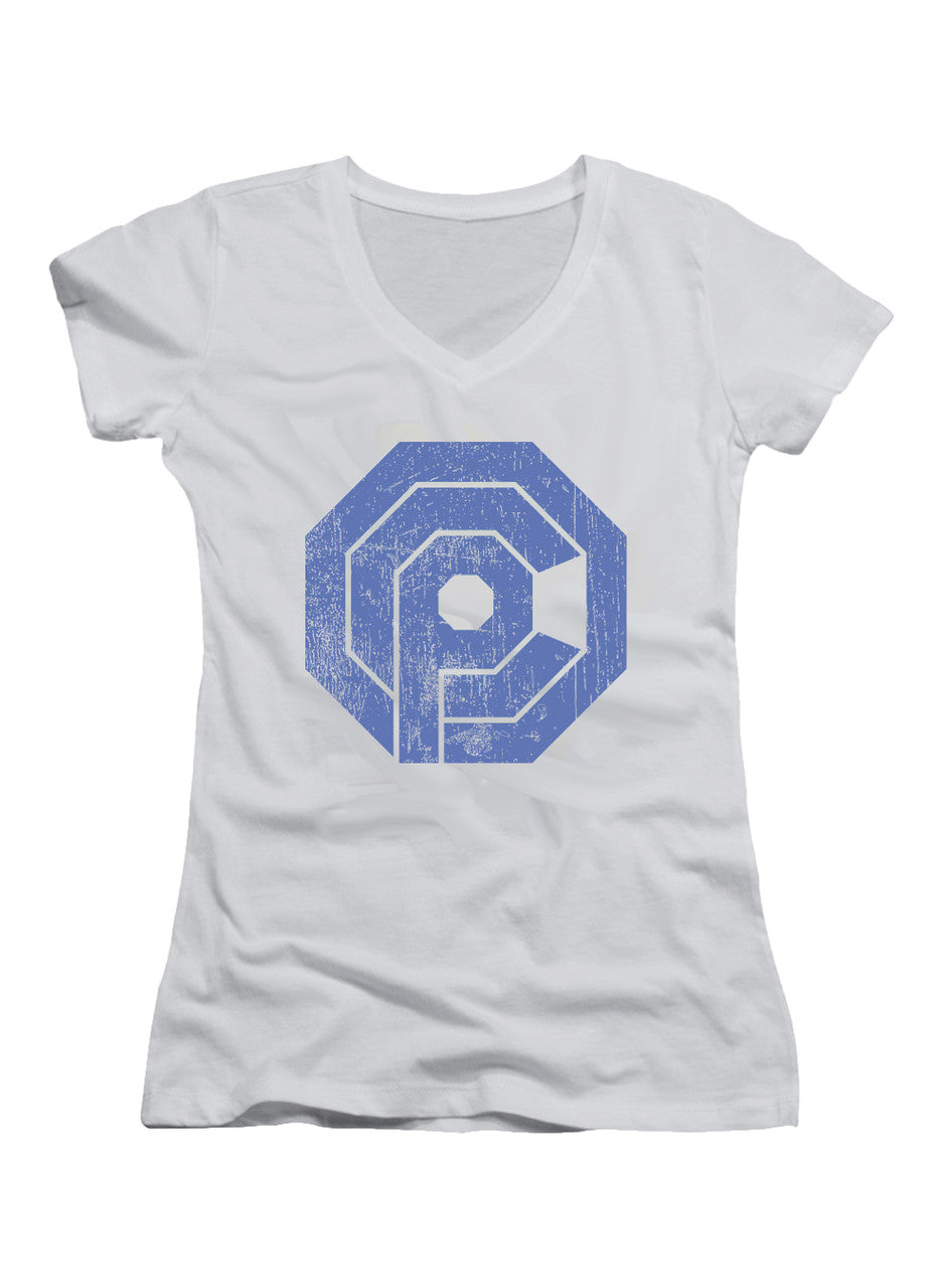 White Distressed Logo Juniors V-Neck T-Shirt