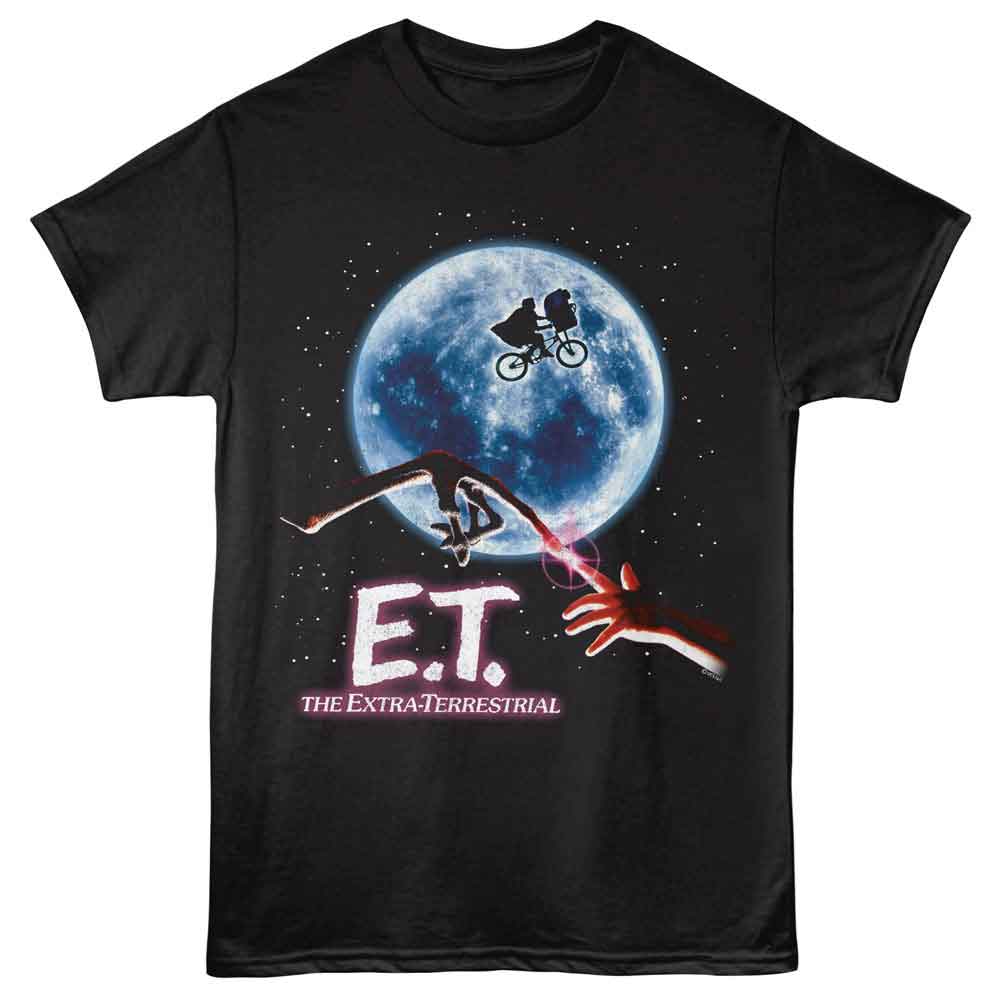 Black ET the Extraterrestrial t-shirt featuring ET Moon bicycle silhouette design