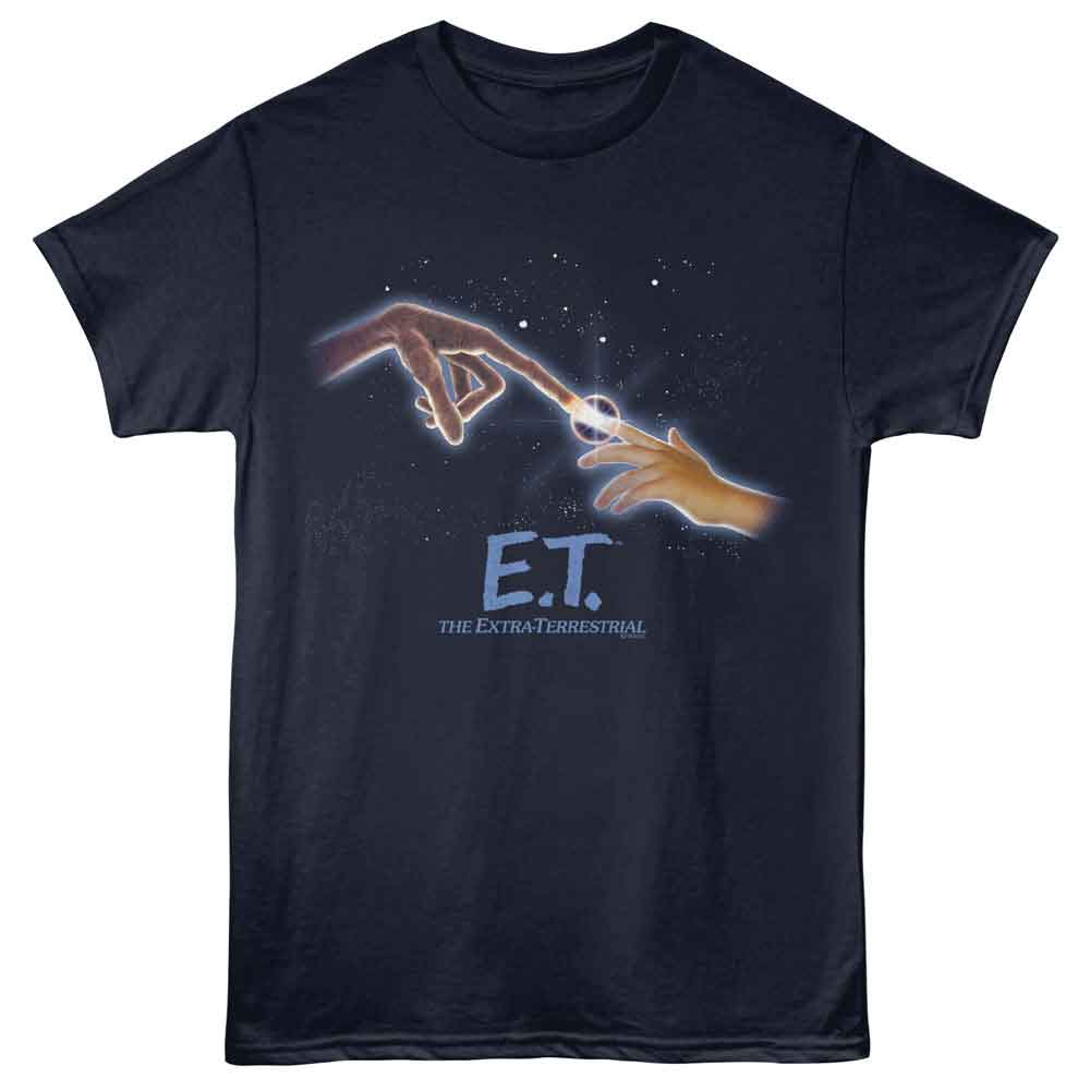 Navy ET the Extraterrestrial t-shirt featuring ET I'll Be Right Here finger touch design