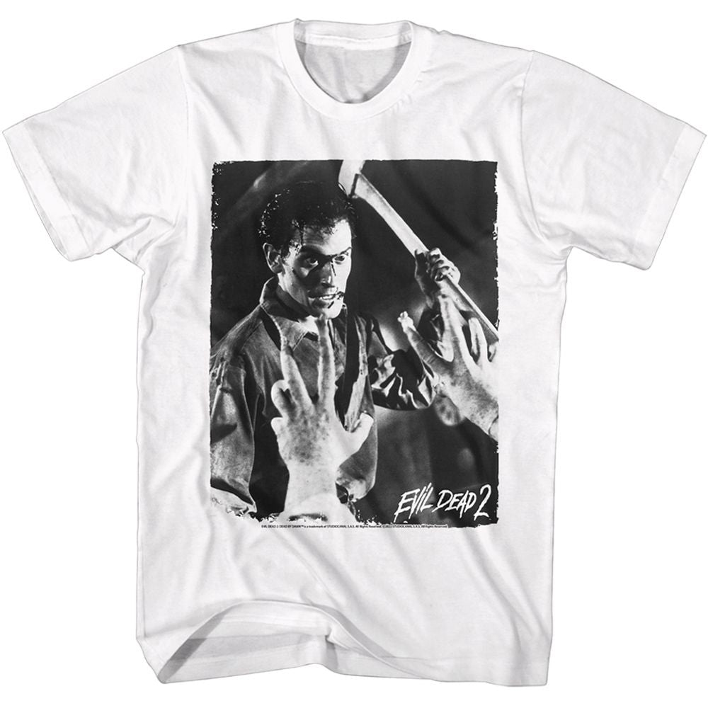 White Evil Dead t-shirt featuring Evil Dead Ash With Axe design