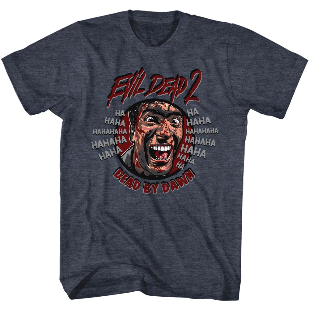 Navy heather Evil Dead t-shirt featuring Evil Dead Ha Hahaha laughter design
