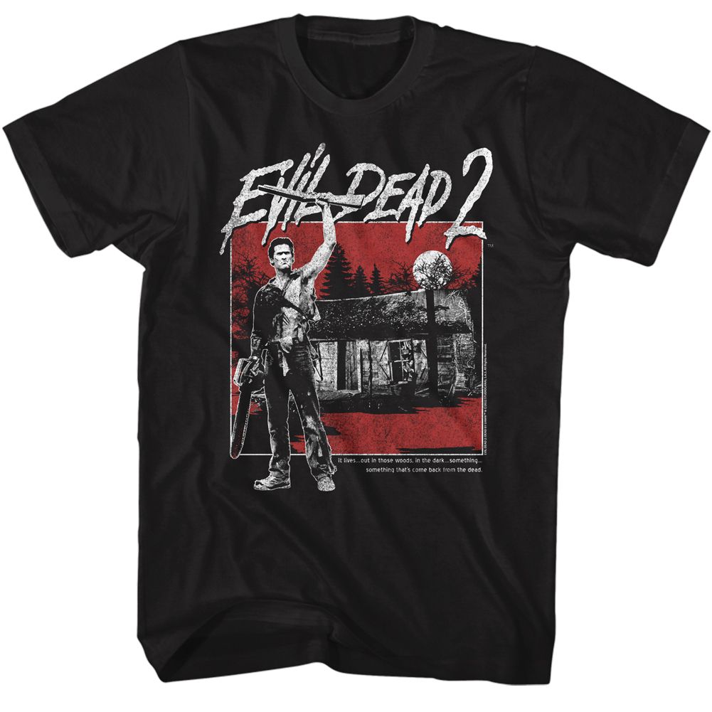 Black Evil Dead t-shirt featuring Evil Dead Cabin Square design