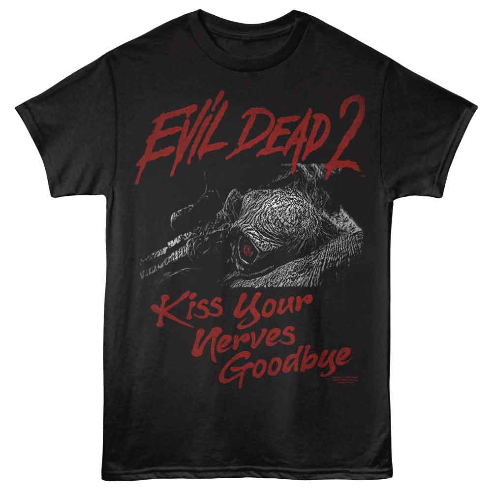 Black Evil Dead t-shirt featuring Evil Dead 2 Kiss Your Nerves Goodbye design