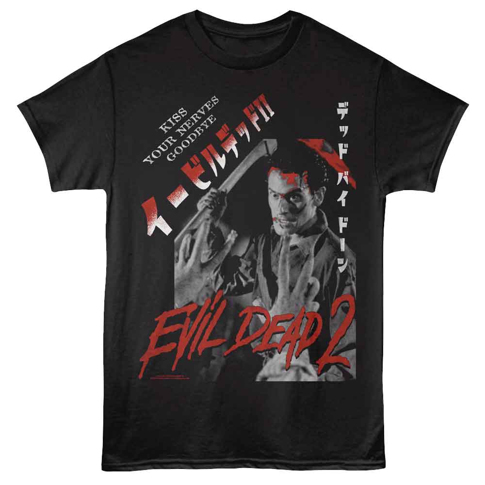 Black Evil Dead t-shirt featuring Evil Dead Kiss Your Nerves Goodbye design