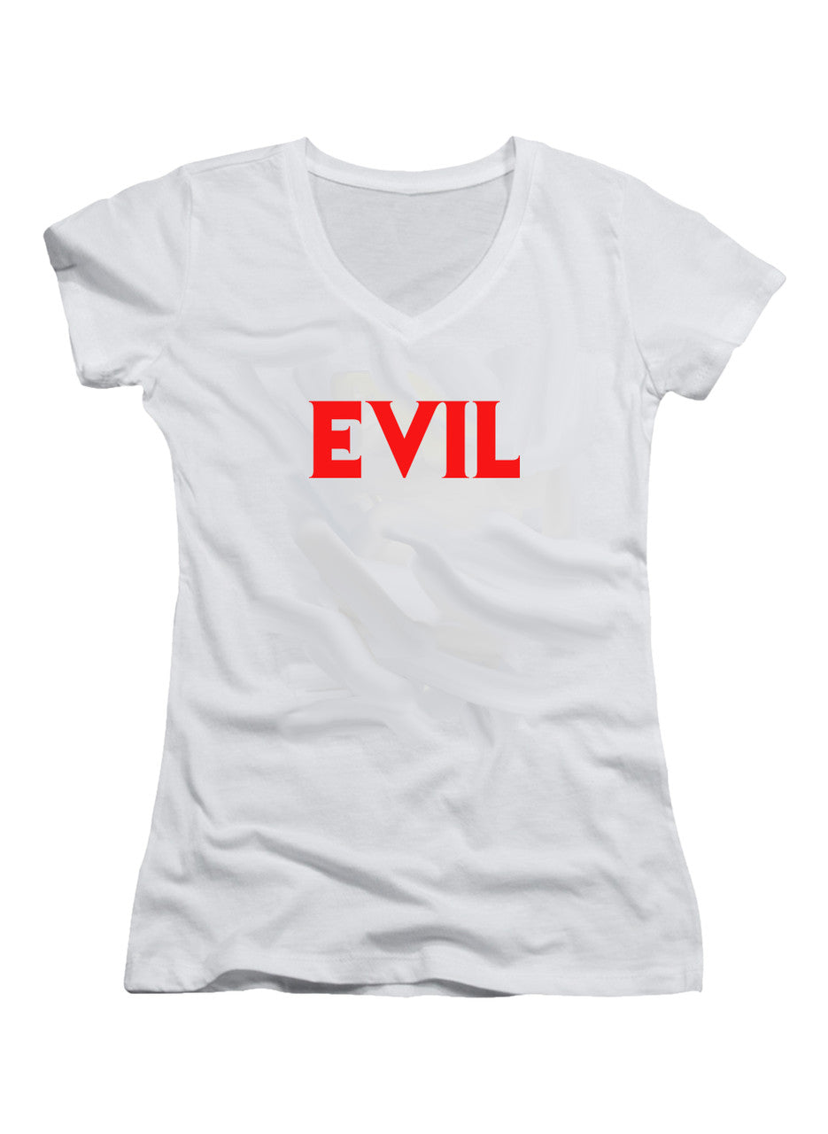 White Evil Juniors V-Neck T-Shirt