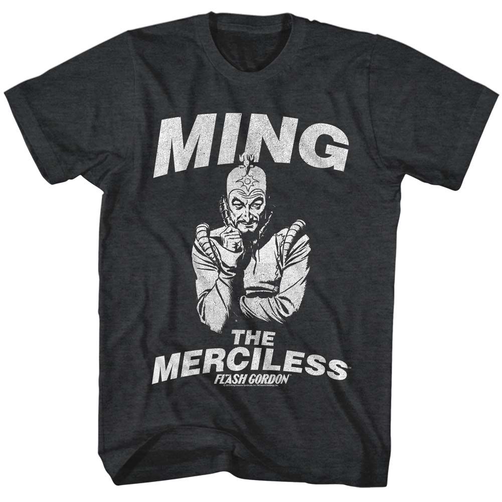 Black heather Flash Gordon t-shirt featuring Flash Gordon Merciless Ming design