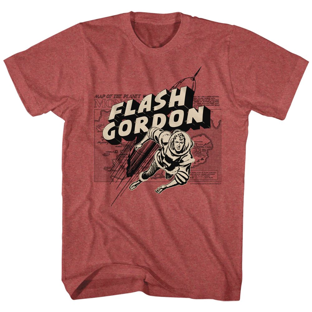 Red heather Flash Gordon t-shirt featuring Flash Gordon Map Rocket Flash design