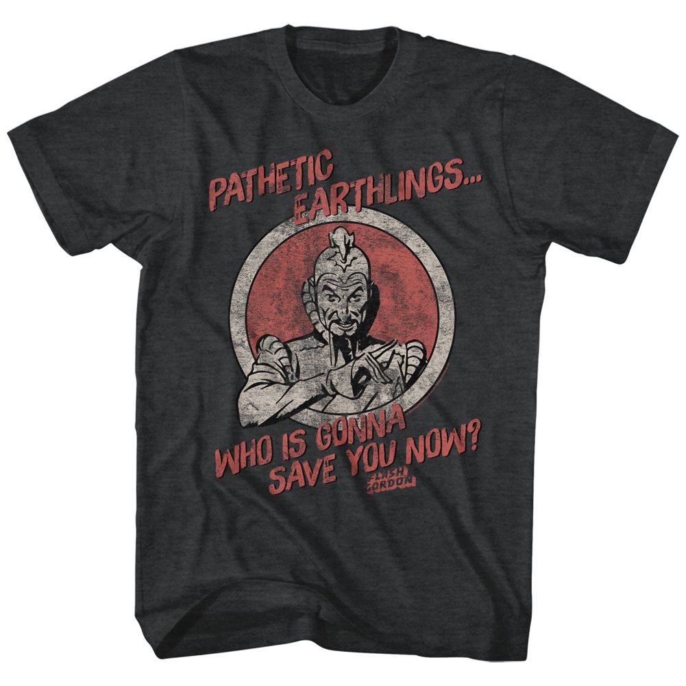 Black heather Flash Gordon t-shirt featuring Flash Gordon Pathetic Earthlings design