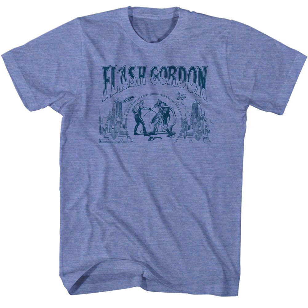 Light blue heather Flash Gordon t-shirt featuring Flash Gordon Flash design