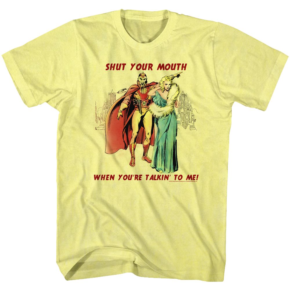 Yellow heather Flash Gordon t-shirt featuring Flash Gordon Shut It design