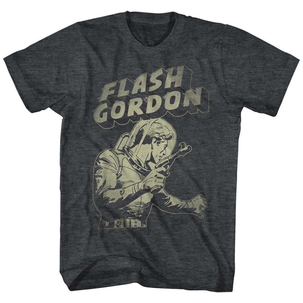Black heather Flash Gordon t-shirt featuring Flash Gordon Flash Aaaaaaa Queen design