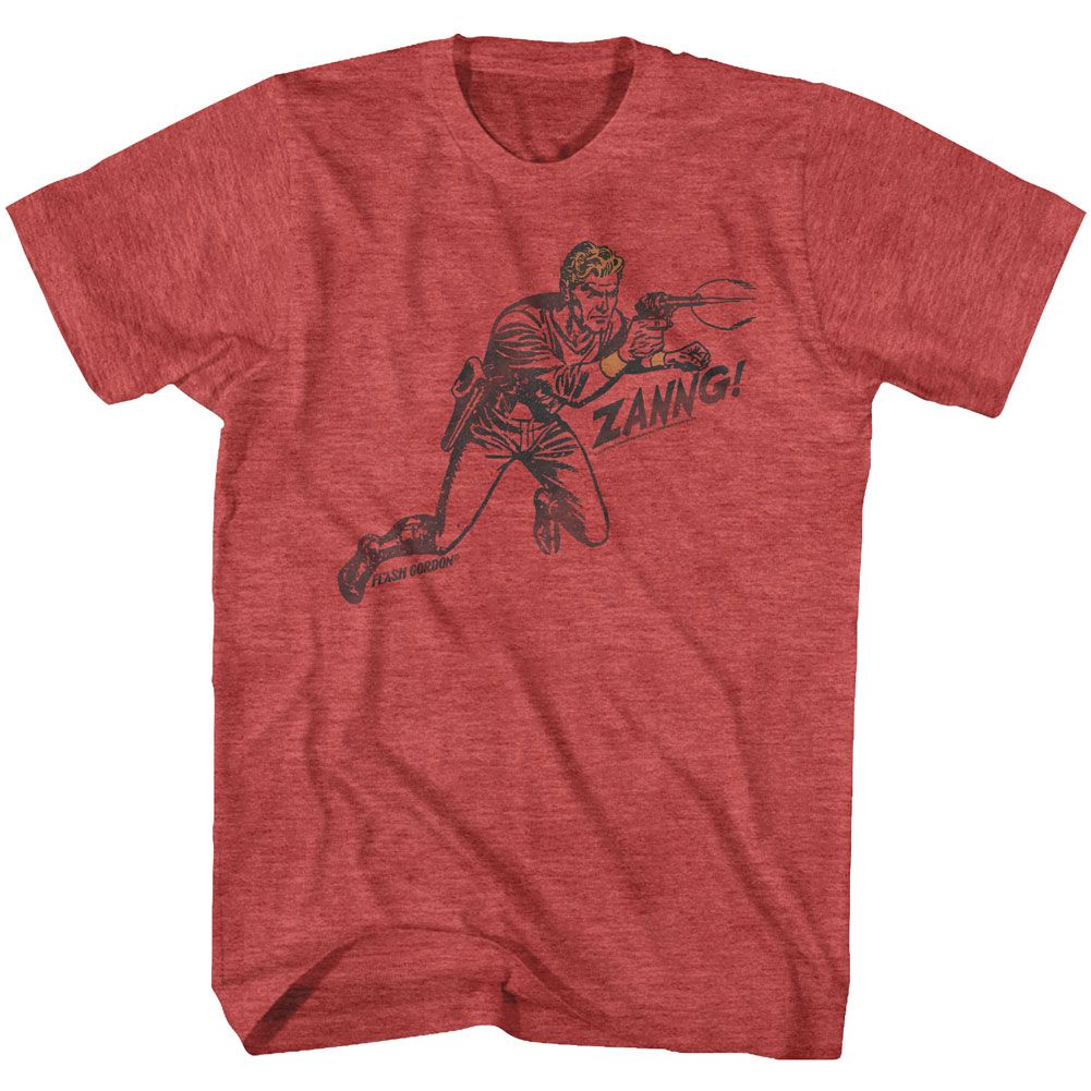 Red heather Flash Gordon t-shirt featuring Flash Gordon Zanng sound effect design