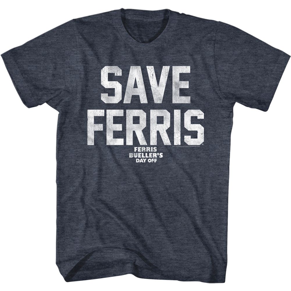 Navy heather Ferris Bueller's Day Off t-shirt featuring Ferris Buellers Day Off Save Ferris White Ink design