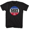 Black Ferris Bueller's Day Off t-shirt featuring Ferris Buellers Day Off Save Ferris Button design