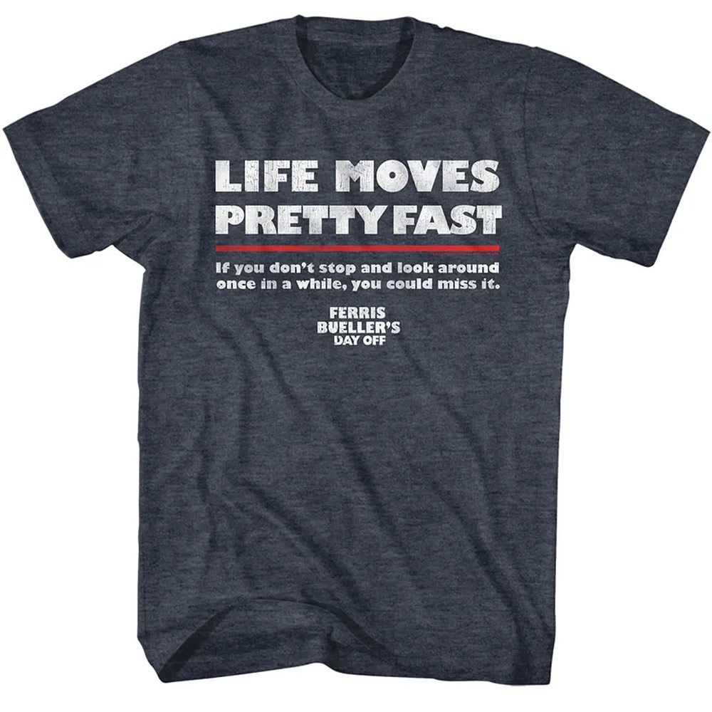 Navy heather Ferris Bueller's Day Off t-shirt featuring Ferris Buellers Day Off Life Moves Fast design