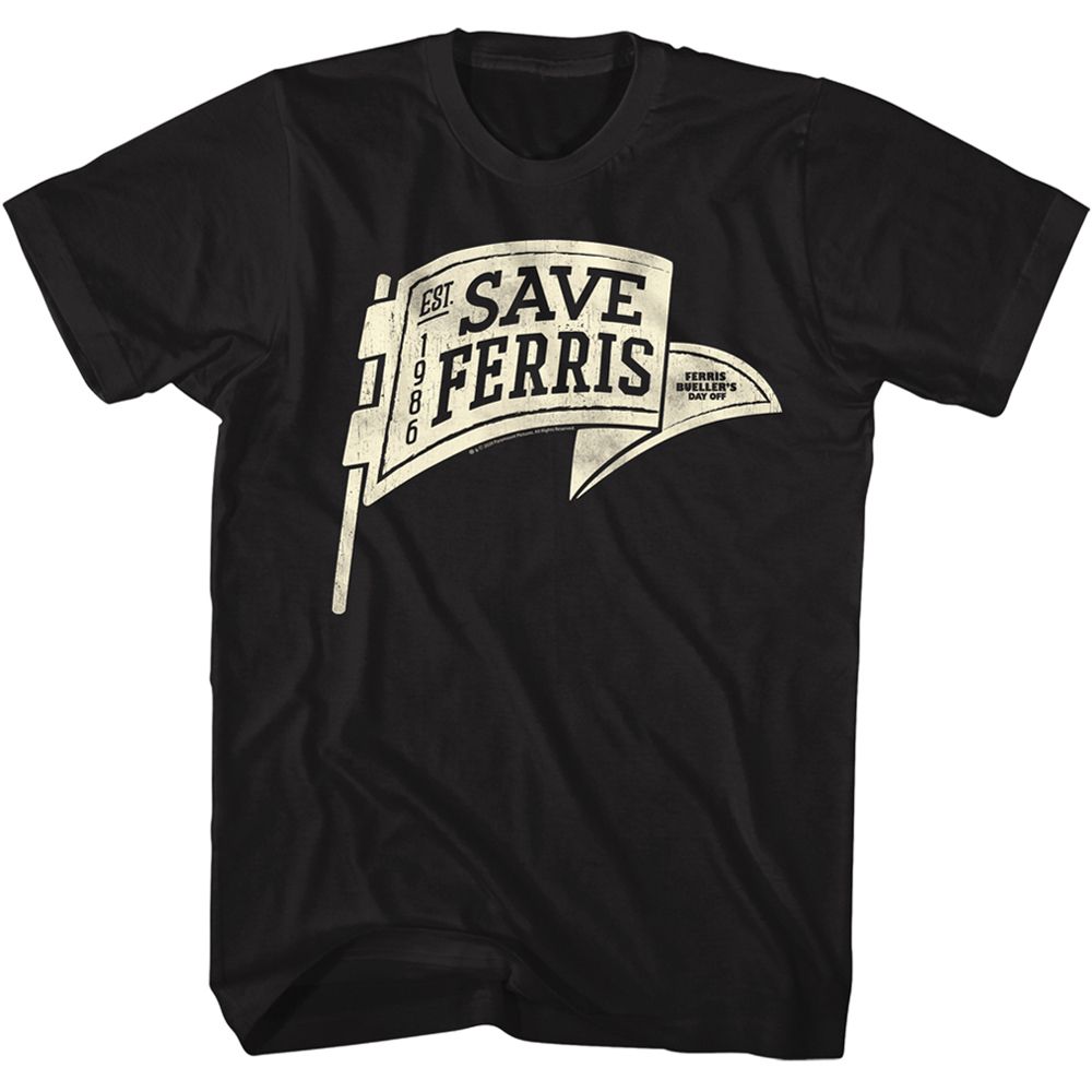 Black Ferris Bueller's Day Off t-shirt featuring Ferris Buellers Day Off Save Ferris Pennant design