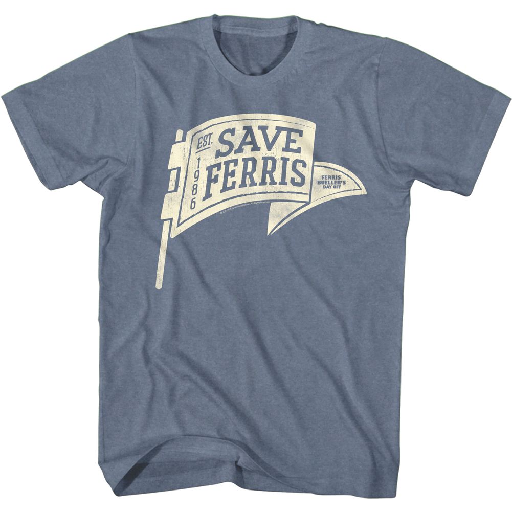 Indigo heather Ferris Bueller's Day Off t-shirt featuring Ferris Buellers Day Off Save Ferris Pennant design