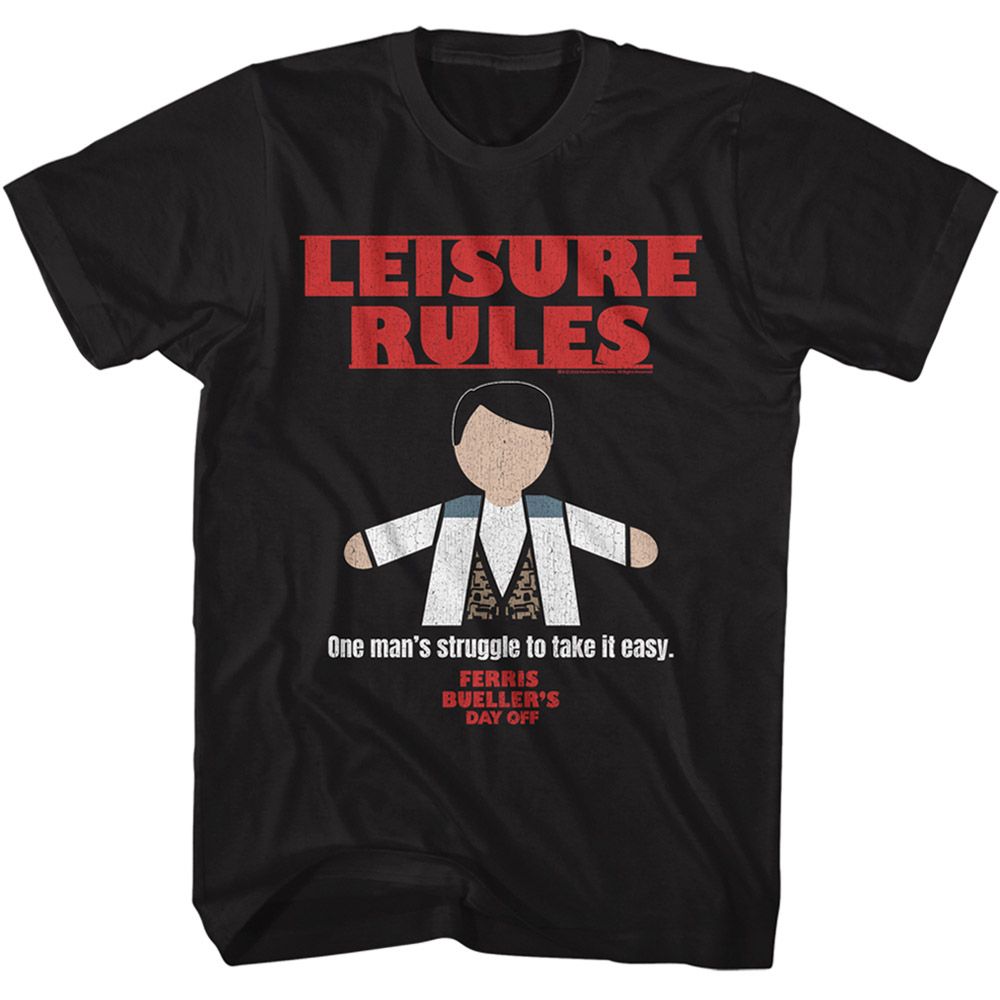 Black Ferris Bueller's Day Off t-shirt featuring Ferris Buellers Day Off Leisure Rules design