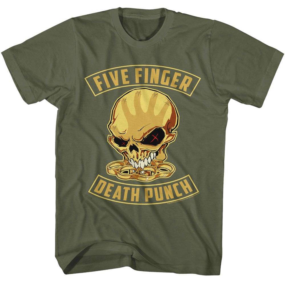Military green Five Finger Death Punch t-shirt featuring Five Finger Death Punch Skull And Knuckles design