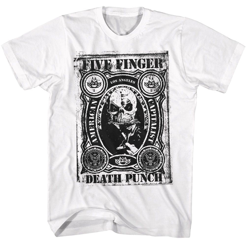 White Five Finger Death Punch t-shirt featuring Five Finger Death Punch American Capitalist 2011 album design
