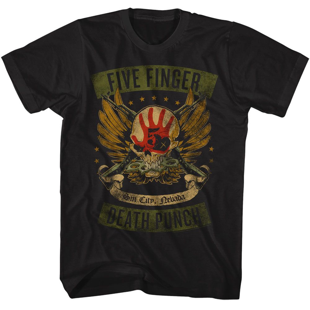 Black Five Finger Death Punch t-shirt featuring Five Finger Death Punch Winged Skull design